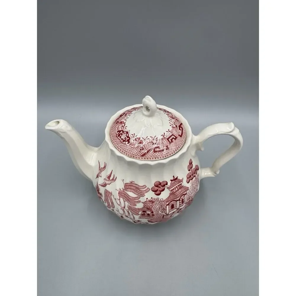 Vintage Royal Wessex Willow Rosa Red White Lidded Teapot Asian Design